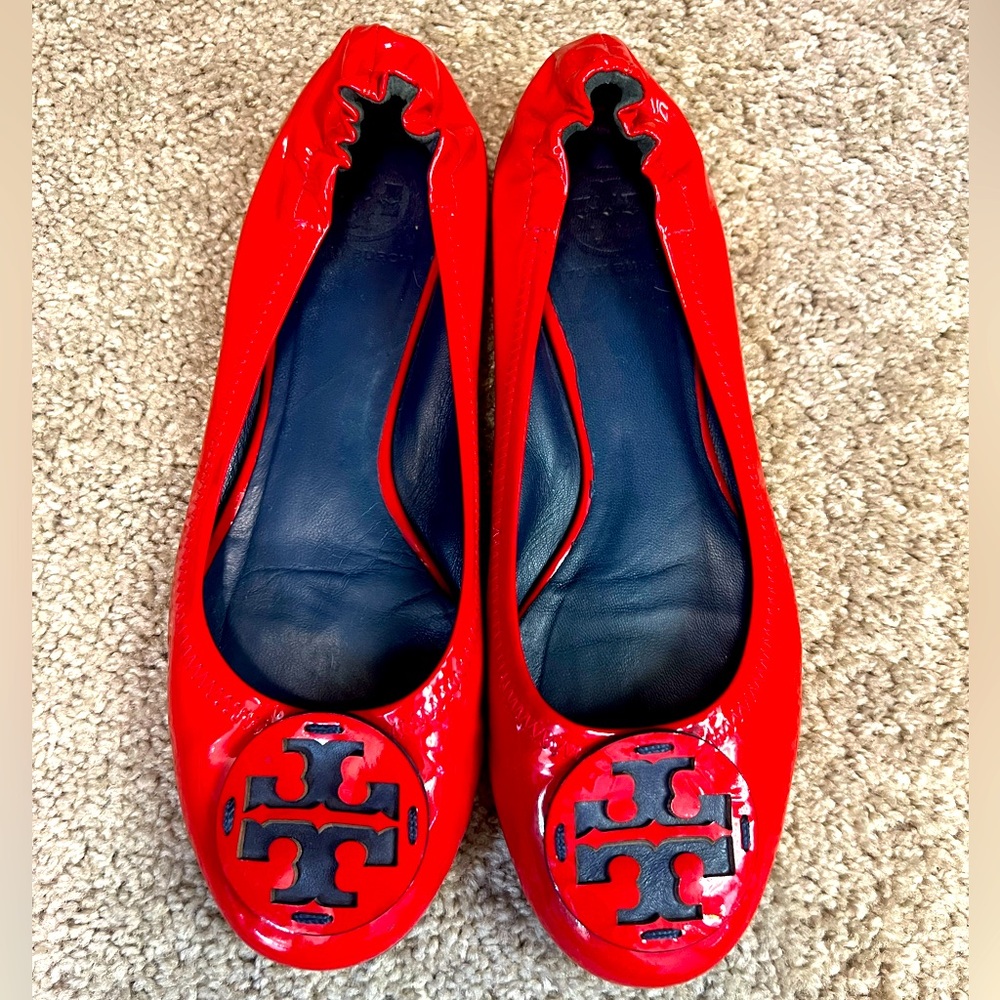 Tory Burch Glossy Red Flats with Logo Accent